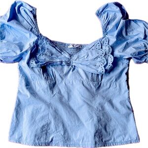 New without Tags, blue off the shoulder puff sleeve shirt